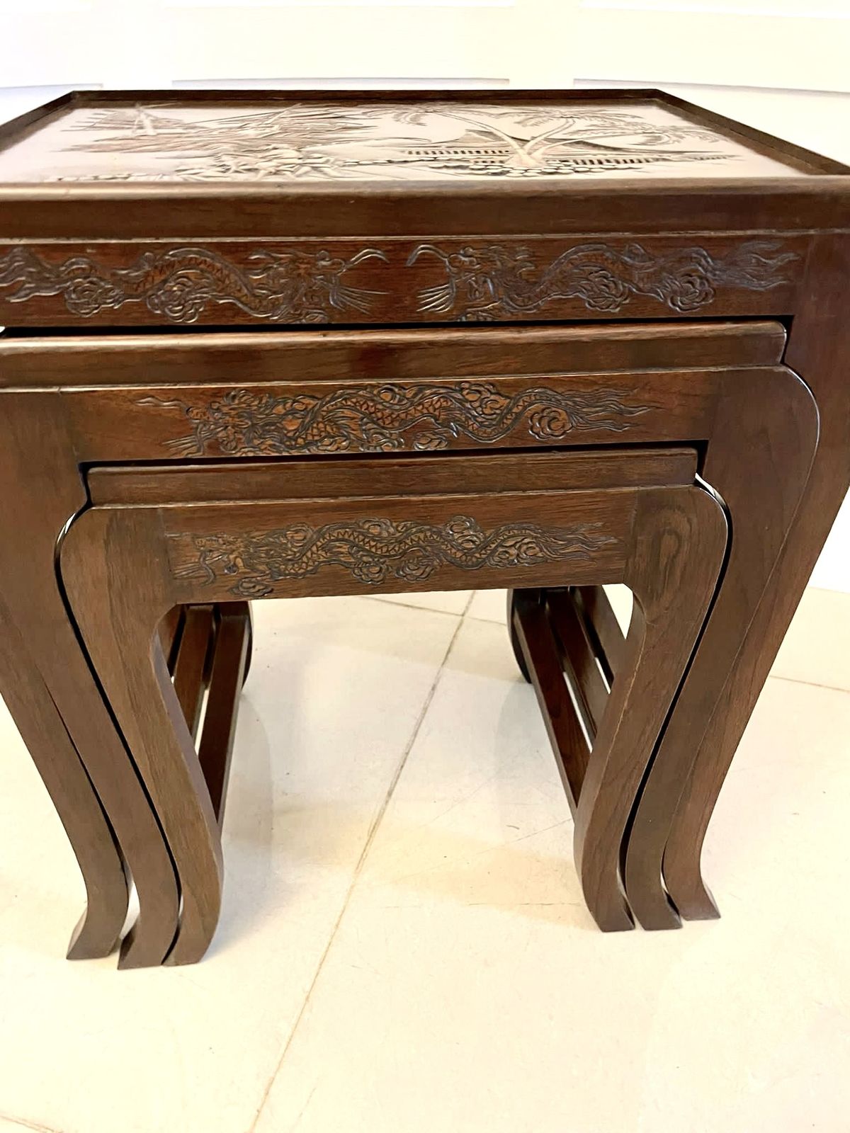 Furniture Antique Carved Teak Nest Of 3 Tables photo