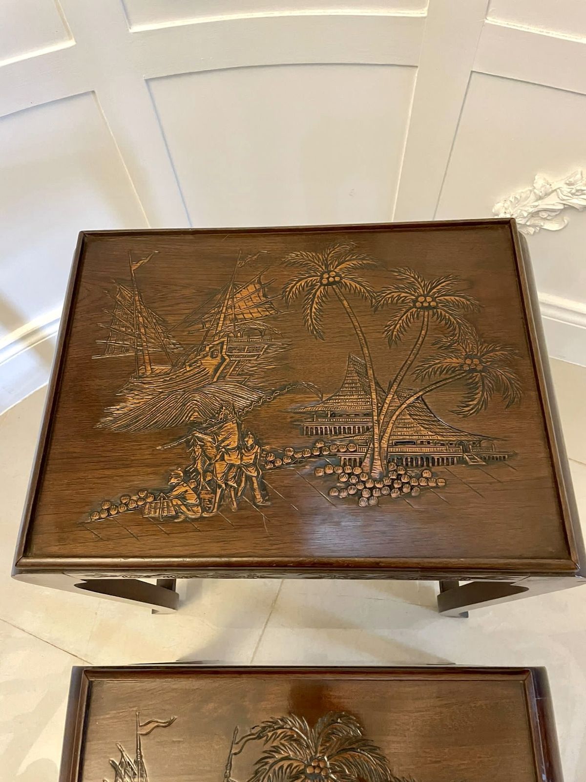 photo buy Antique Carved Teak Nest Of 3 Tables