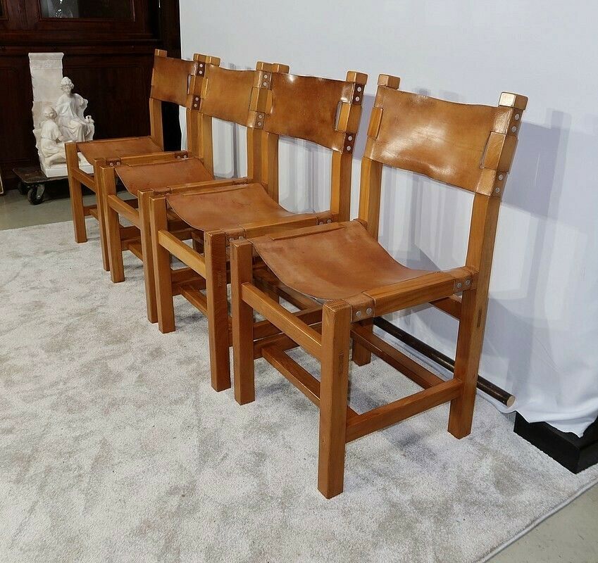 Set Of 4 Chairs In Solid Elm And Leather, Maison Regain – 1970 photo for sale