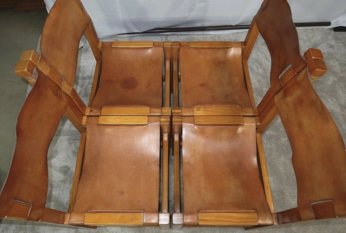 Set Of 4 Chairs In Solid Elm And Leather, Maison Regain – 1970 photo buy