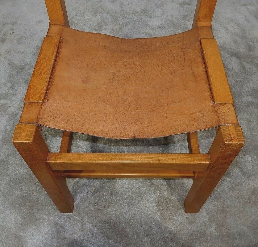 Furniture Set Of 4 Chairs In Solid Elm And Leather, Maison Regain – 1970 photo