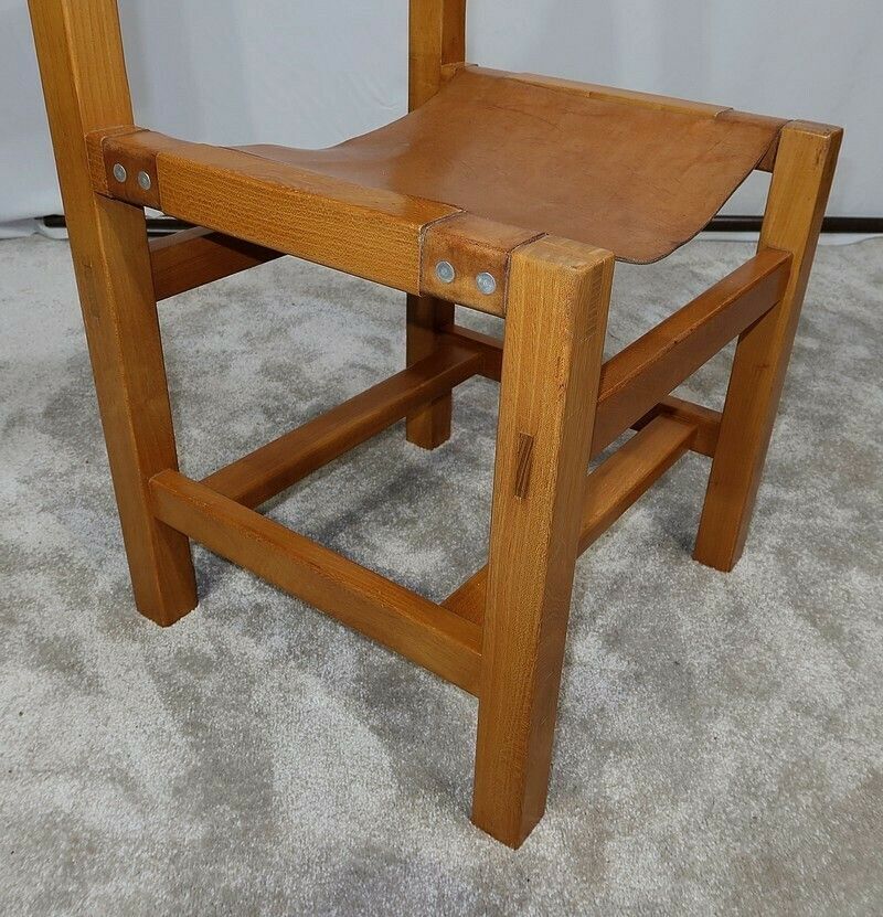photo vinterior Set Of 4 Chairs In Solid Elm And Leather, Maison Regain – 1970