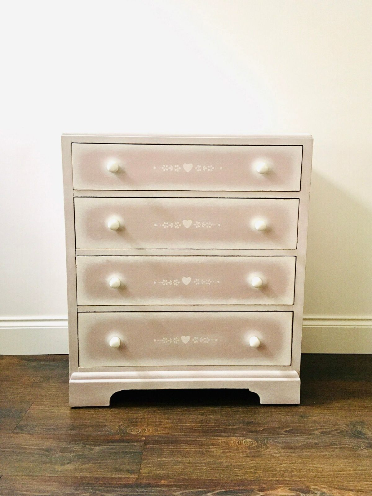 photo for sale Vintage Hand Painted Pink Chest Of Drawers. Folk Art Style With Floral Romantic Details. Large Painted Chest Of Drawers.