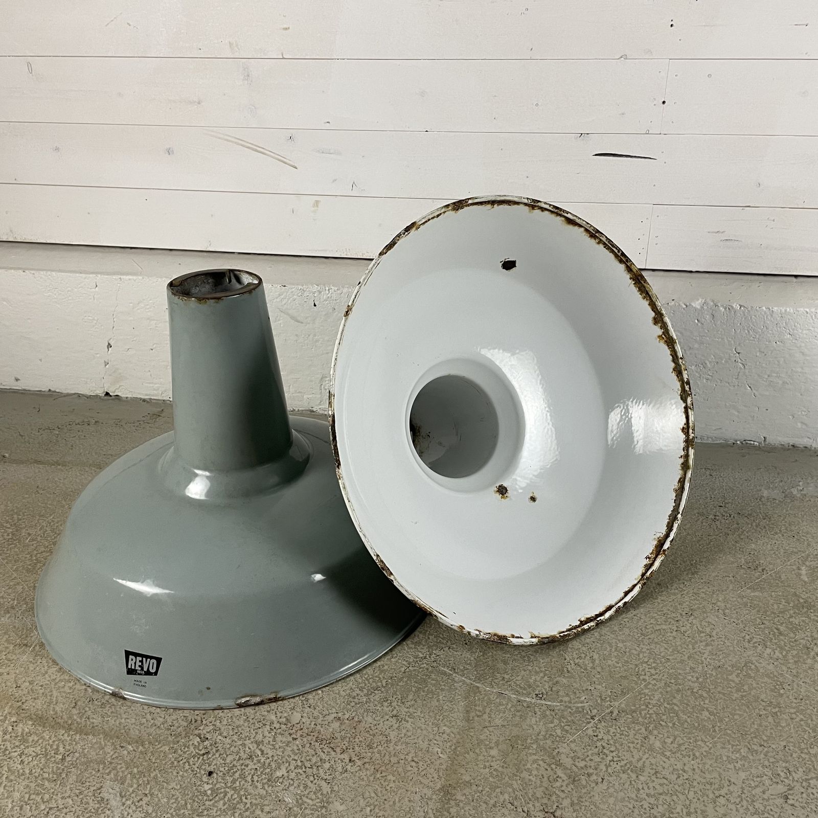 Pair Of Vintage Industrial Grey Enamel Light Shades photo vinterior