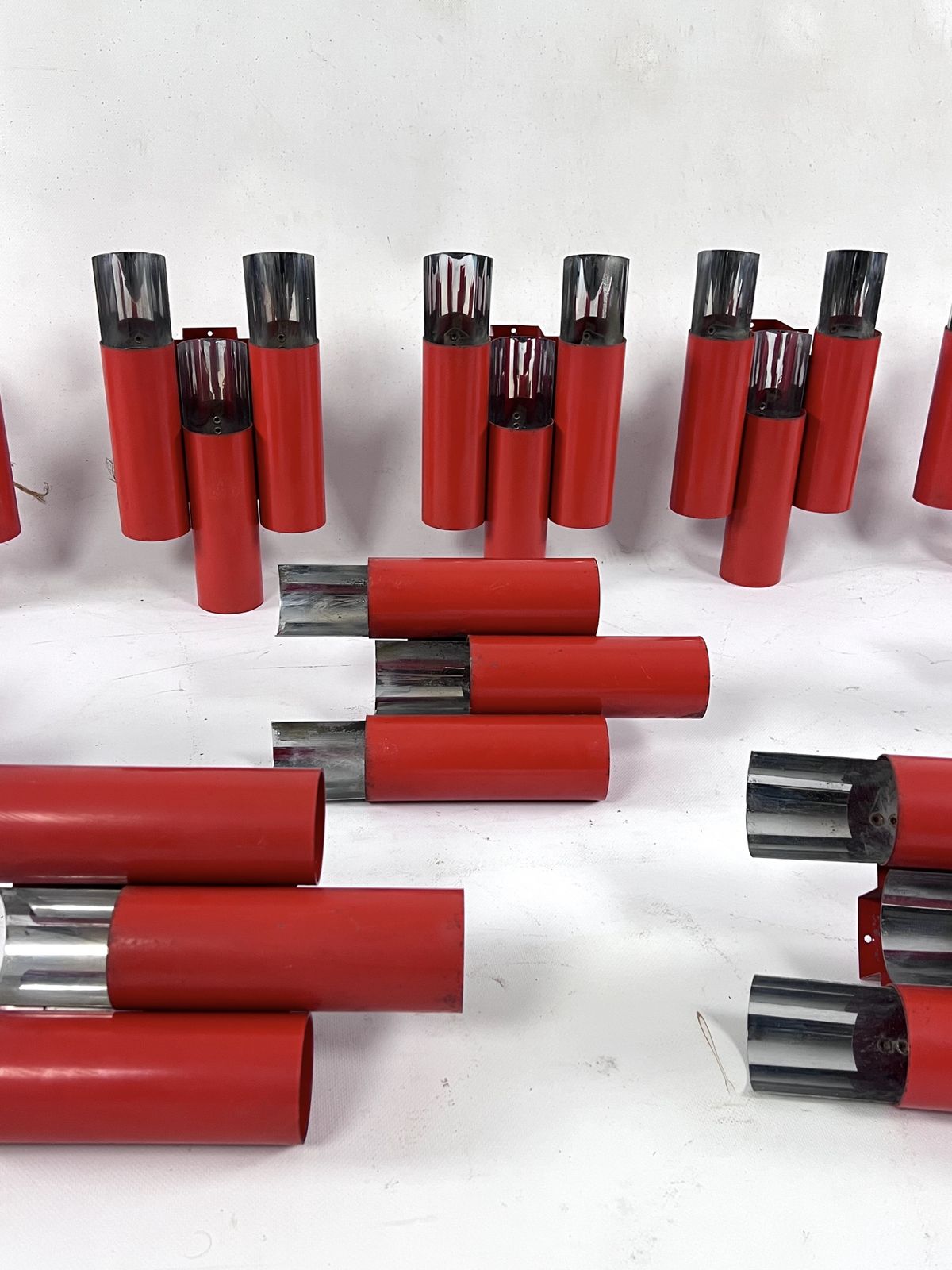 photo for sale Rare Set Of 10 Mid Century Red And Chrome Wall Lamps By Stilnovo. Italy 1970s