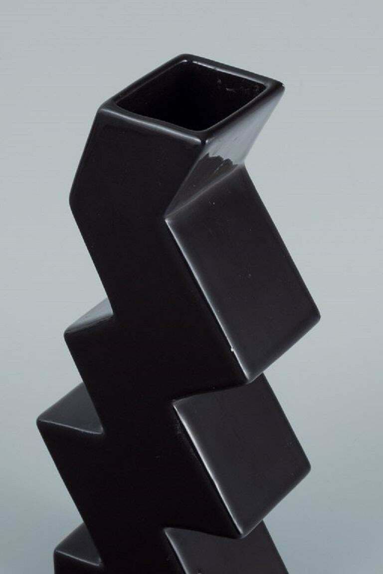 Unique Vase In A Zigzag Shape And Black Glaze. Late 1900s photo Home Decor