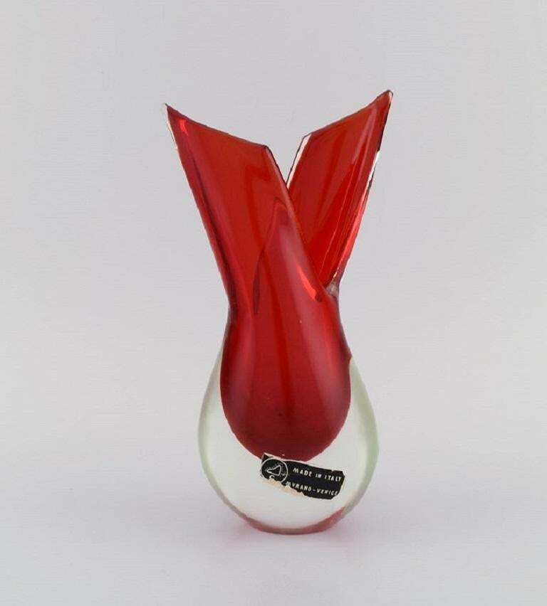 Murano Vase In Red And Clear Mouth Blown Art Glass. Italian Design, 1960s.