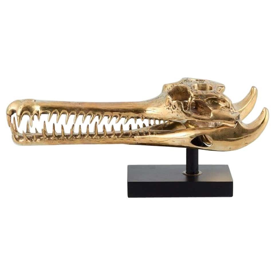 Large Sculpture In Gilded Metal, Modern Design In The Shape Of A Crocodile Skull