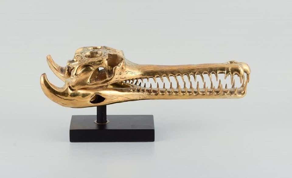 Large Sculpture In Gilded Metal, Modern Design In The Shape Of A Crocodile Skull photo furniture