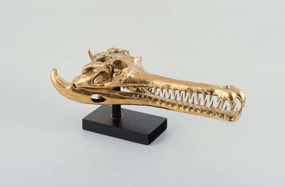 Large Sculpture In Gilded Metal, Modern Design In The Shape Of A Crocodile Skull photo for sale