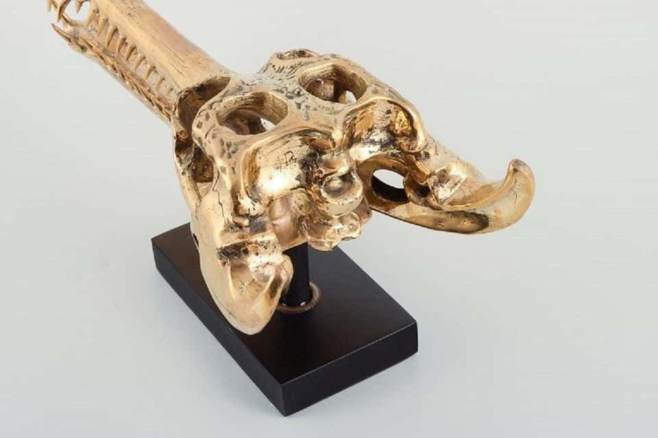 Large Sculpture In Gilded Metal, Modern Design In The Shape Of A Crocodile Skull photo buy