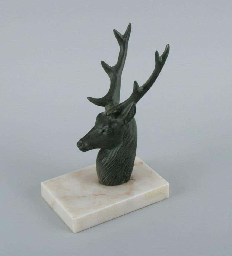 Pair Of French Art Deco Bookends. Stags In Patinated Metal On A Marble Base photo buy