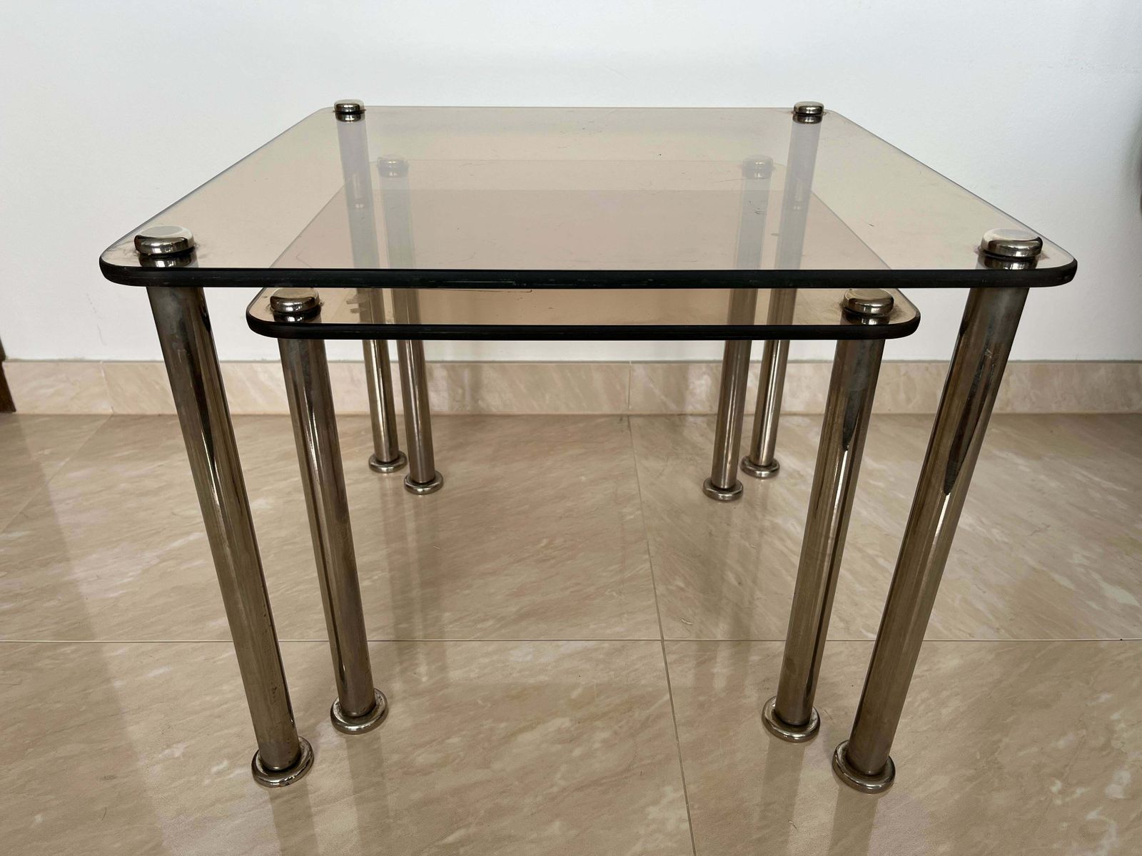Pair Of 2 Massive Chrome And Smoked Glass Nesting Tables  Around 1980s photo 725.0