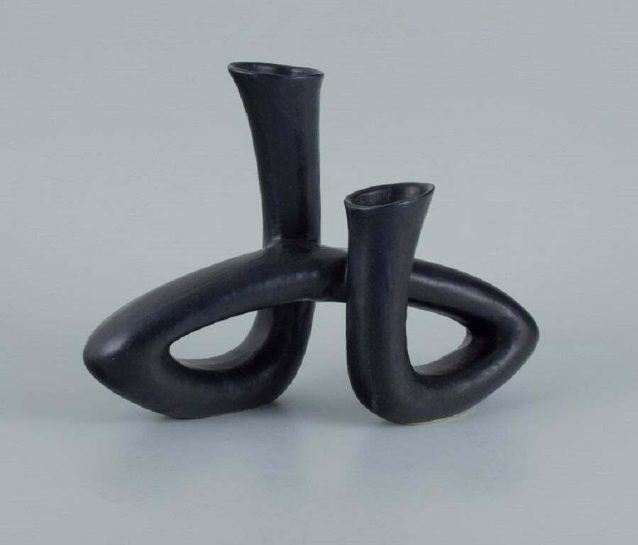 European Studio Ceramicist. Unique Twisted Vase In Black Glaze. Late 1900s. photo Home Decor