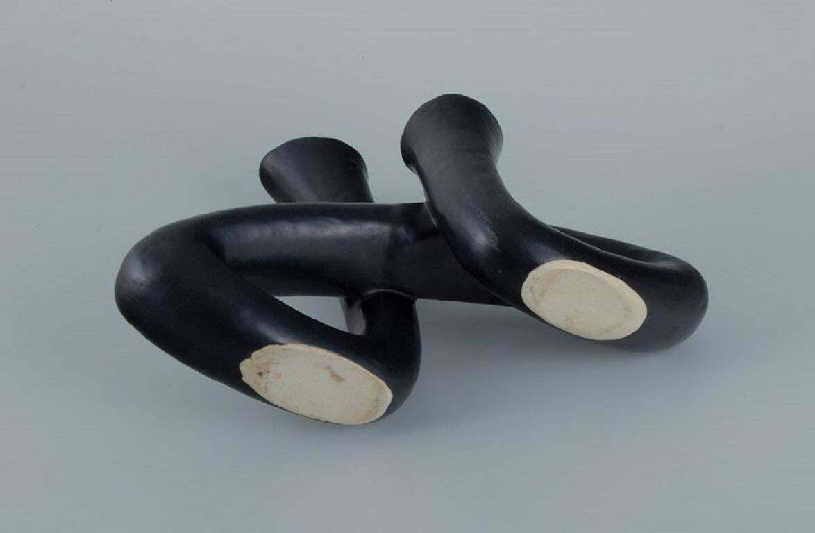 European Studio Ceramicist. Unique Twisted Vase In Black Glaze. Late 1900s. photo vintage
