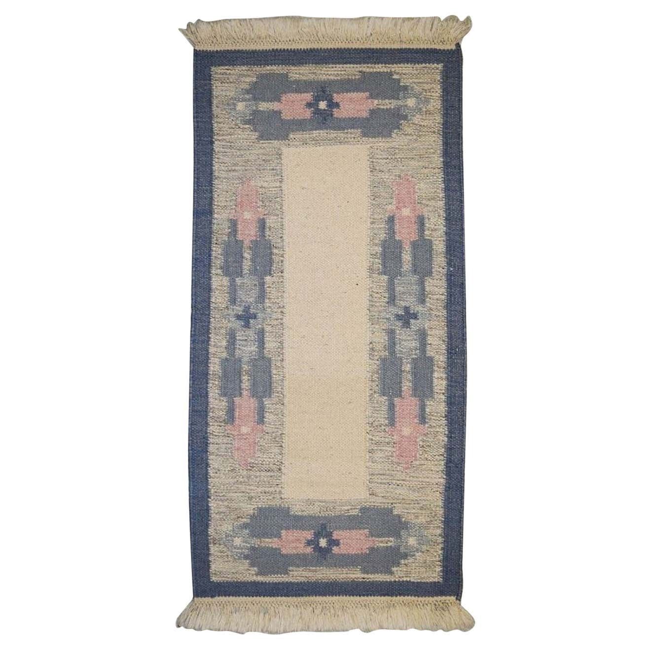 Swedish Rölakan Handwoven Wool Rug With Fringes, 1960s