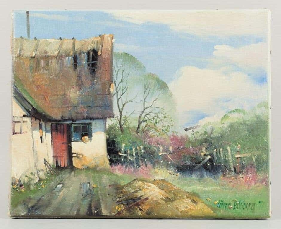 Søren Edsberg (B. 1945), Denmark. Oil On Canvas. Summer Landscape With A Farm. photo furniture