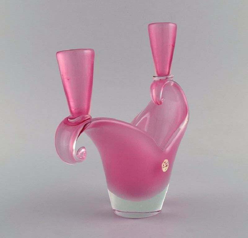 Two Armed Murano Candle Holder In Pink Hand Blown Art Glass. Italian Design photo buy