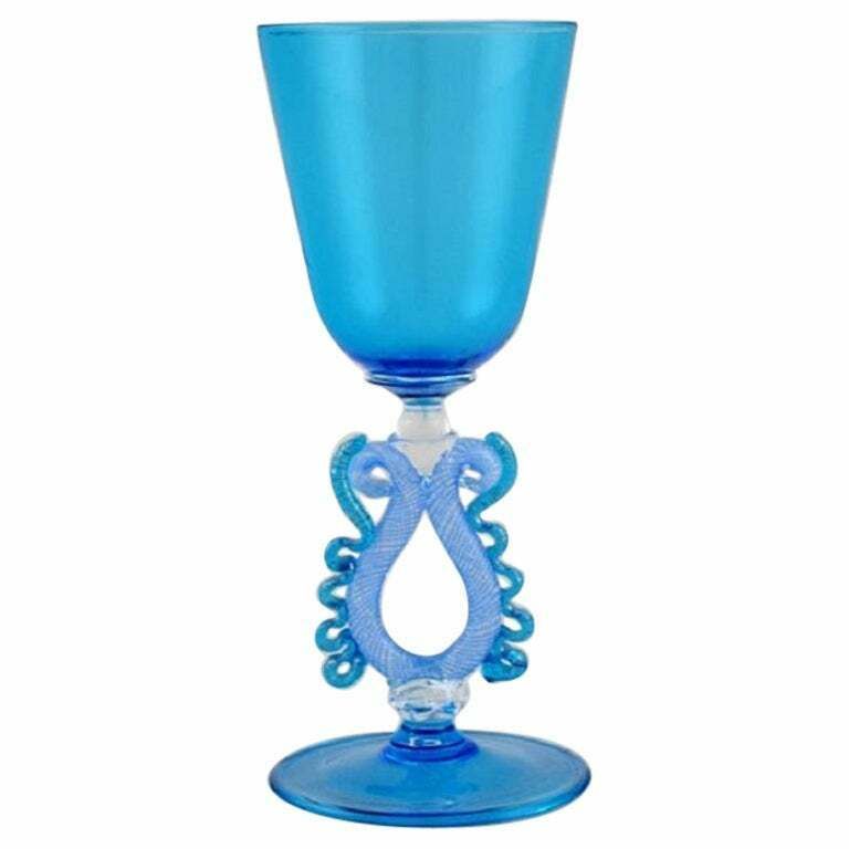 Barovier And Toso  Venice  Rare Wine Glass In Light Blue Mouth Blown Art Glass
