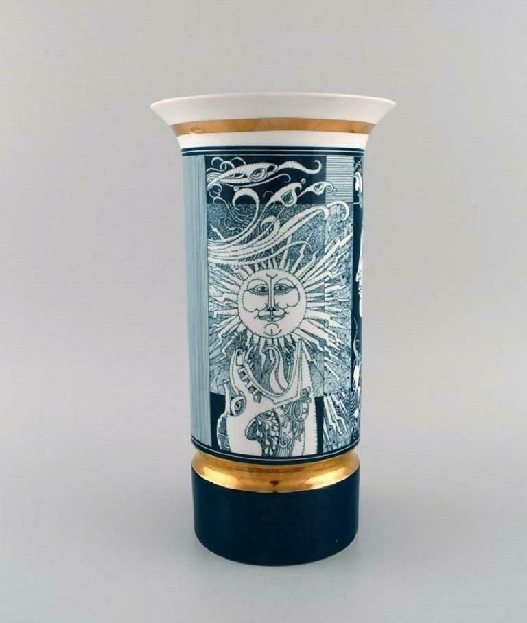 Large Hollóháza Porcelain Vase Art Deco Motifs And Gold Border Mid 20th C photo Home Decor