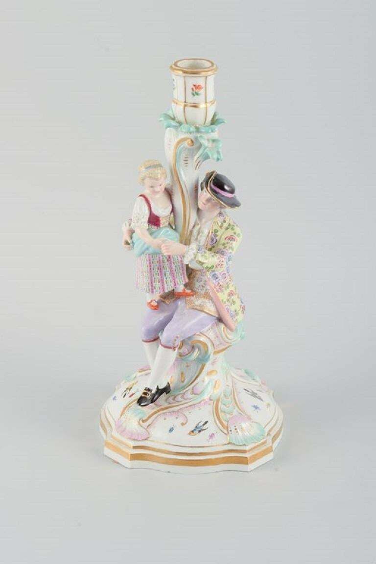 Large Antique Meissen Candlestick In Hand Painted Porcelain, 19th C photo furniture