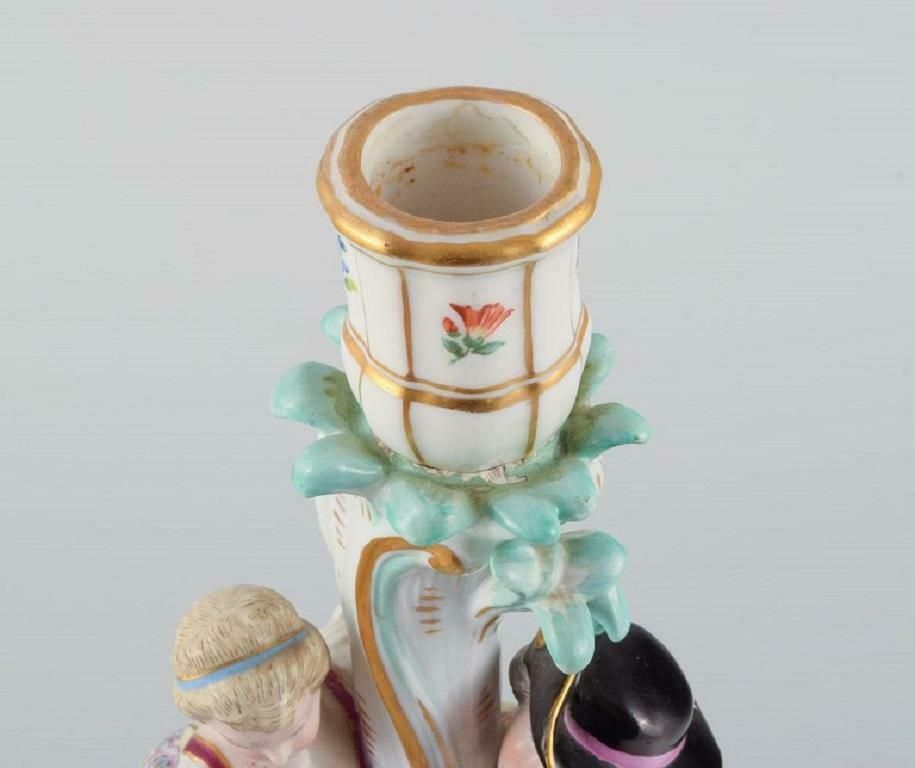 Large Antique Meissen Candlestick In Hand Painted Porcelain, 19th C photo vinterior