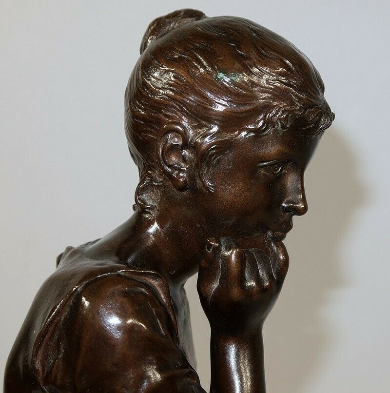 photo vinterior Bronze “Seated Girl”, By A. Massoulle – Late 19th Century