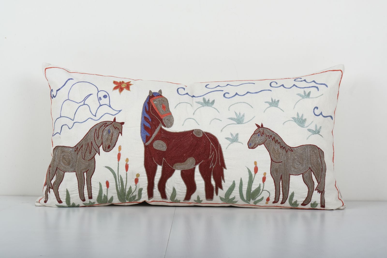 Turkish Horse Pictorial Suzani Cushion Cover, Suzani Animal Bedding Pillow Case Made From A 19th Century Suzani 18'' X 35''