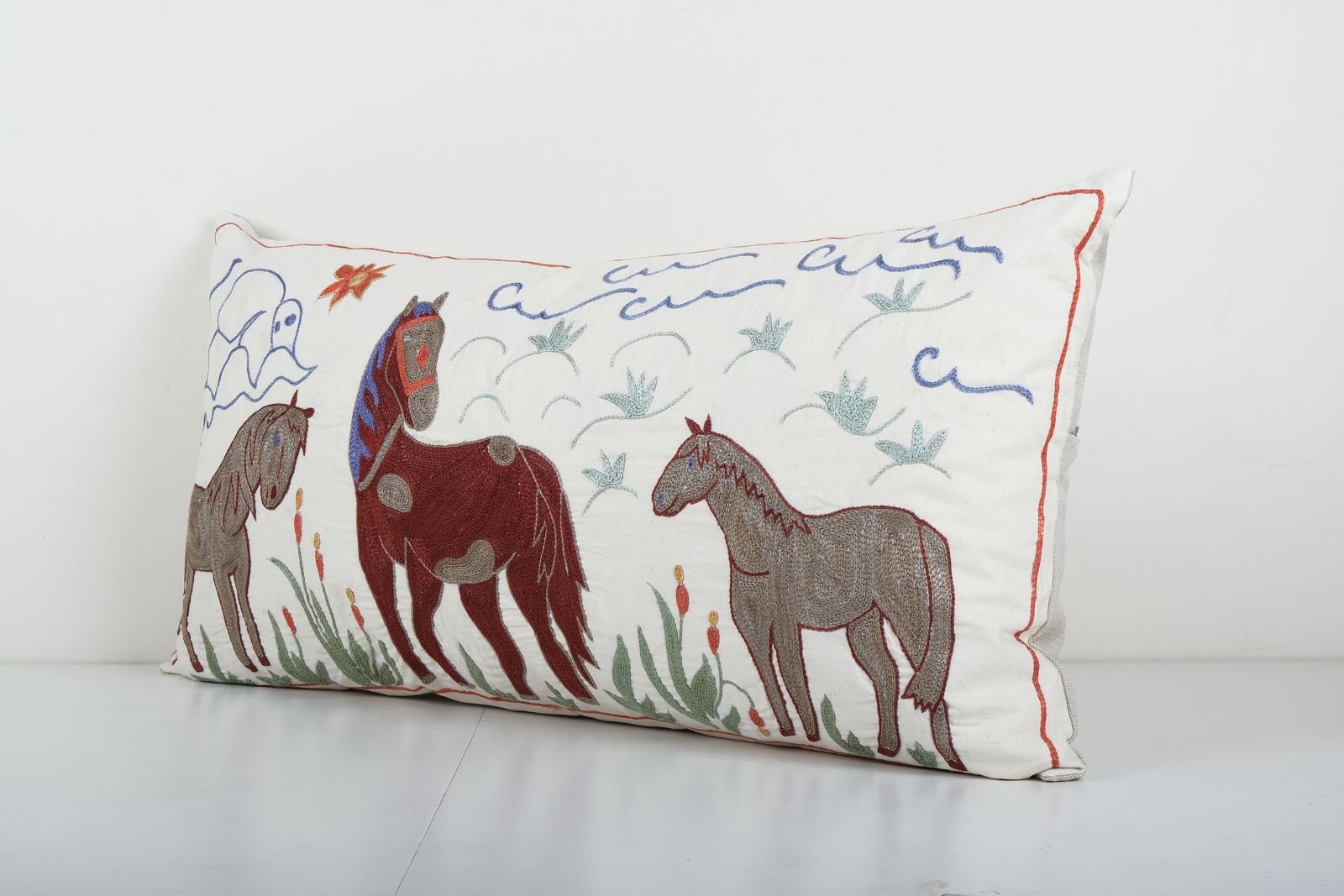 Turkish Horse Pictorial Suzani Cushion Cover, Suzani Animal Bedding Pillow Case Made From A 19th Century Suzani 18'' X 35'' photo for sale