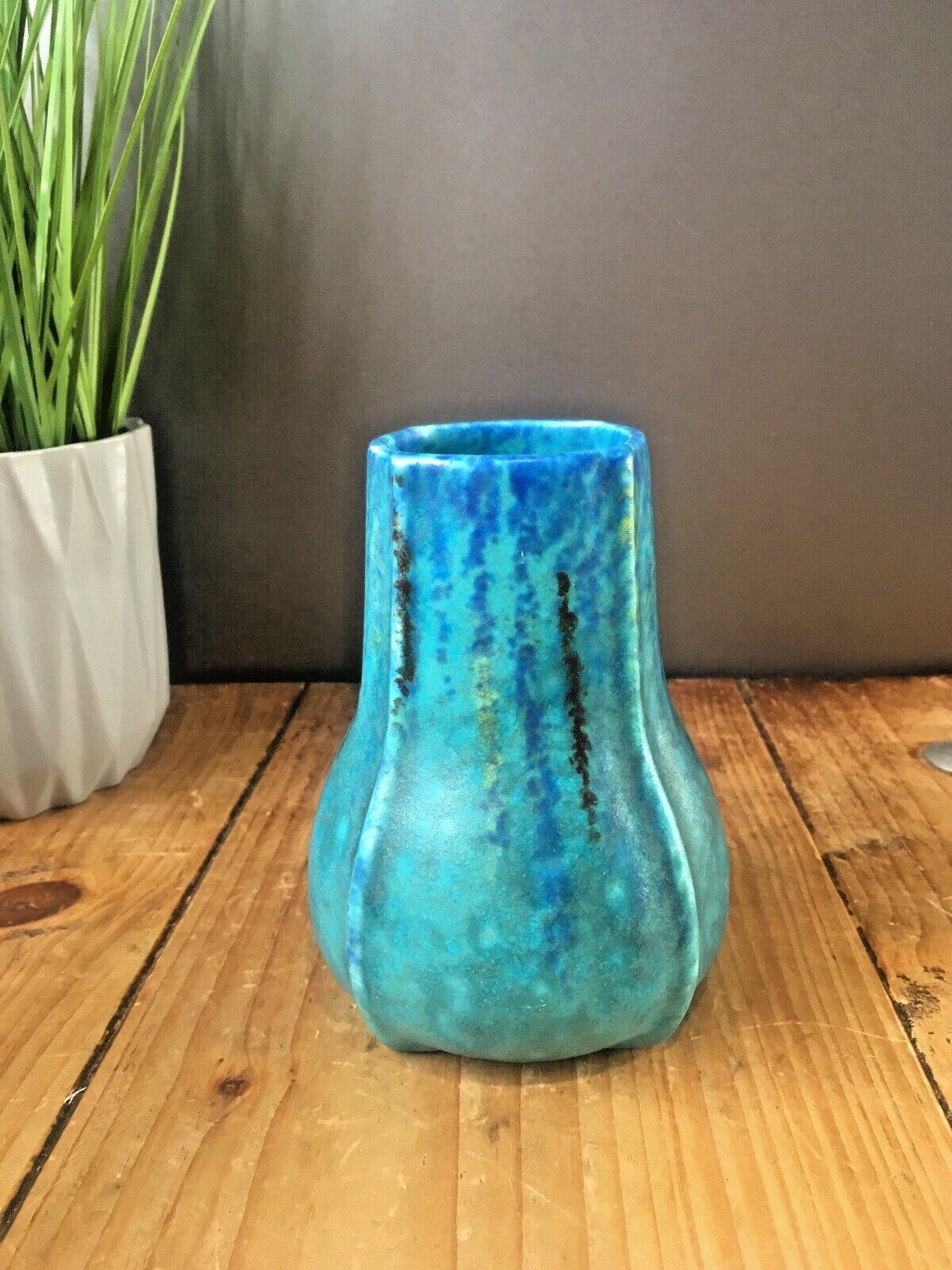 Stunning Antique Mottled Turquoise Blue Vase Ruskin Style Arts & Crafts Art Deco photo for sale