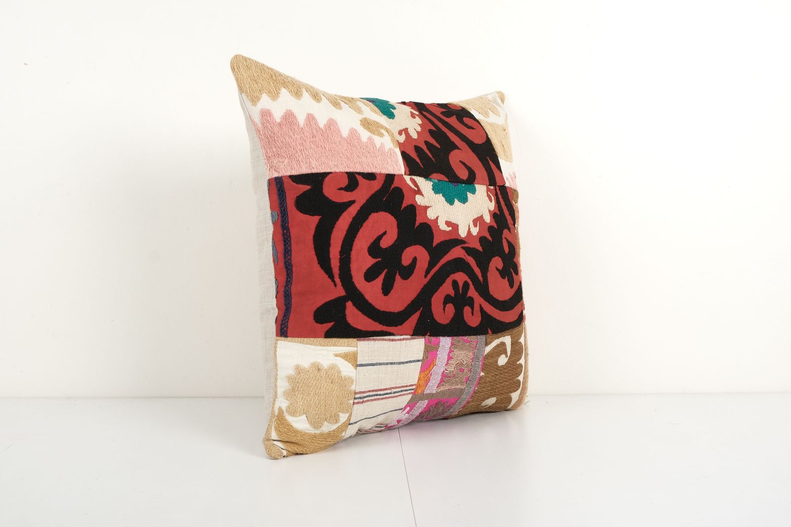 Suzani Square Cushion Cover, Tribal House Decor, Embroidery Handmade Pillow, Vintage Embroidered Suzani Patchwork Pillow 19'' X 19'' photo for sale