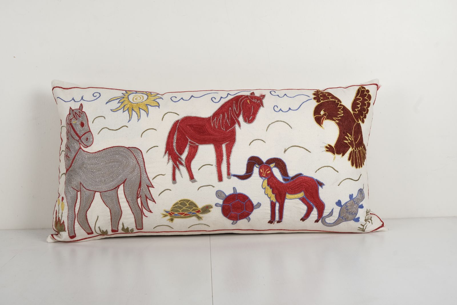 Tashkent Suzani Animal Bedding Pillow Case Made From Suzani, Lumbar Eagle, Deer And Turtle Tashkent Cushion Cover 18'' X 34''