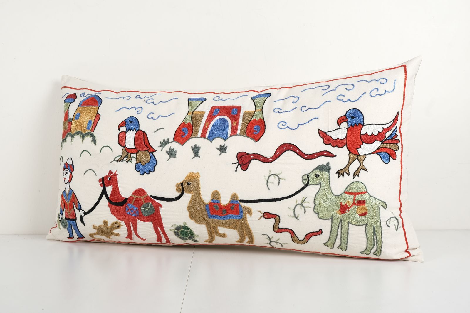 Tashkent Suzani Animal Bedding Pillow Case Made From A 19th Century Suzani   Lumbar Camel And Bird Cushion Cover   Hippie Long Pillow Case photo furniture