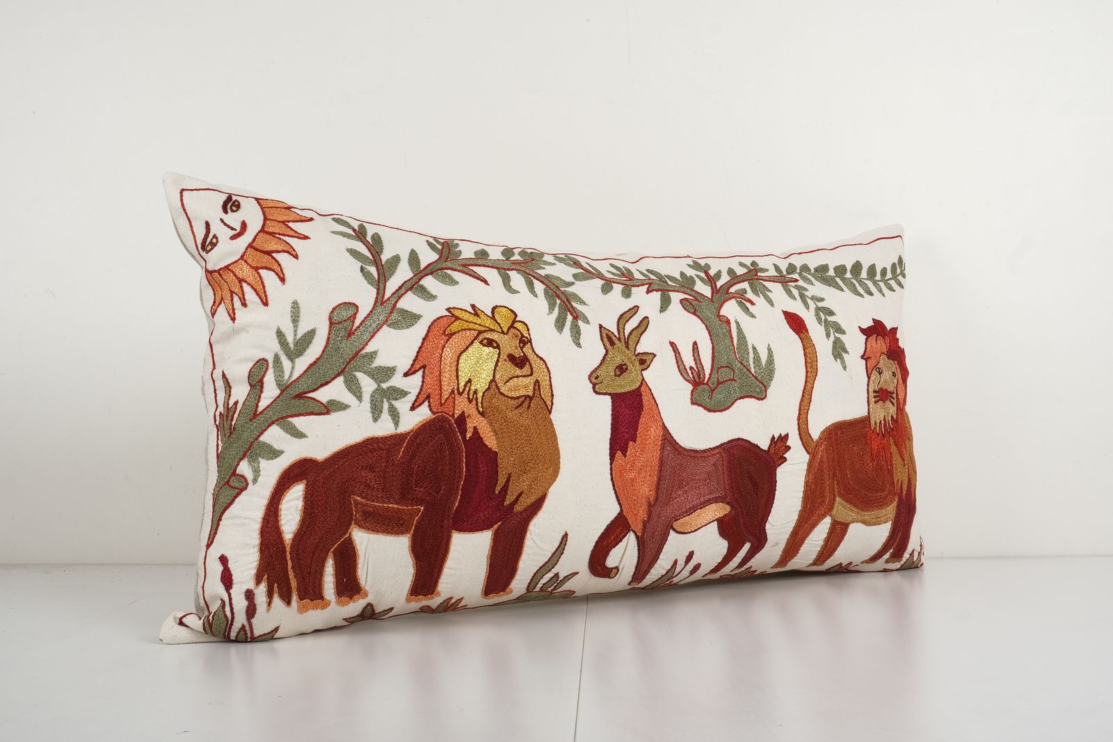 Suzani Lion And Deer Pillow Cover, Animal Tribal Bedding Pillow Cover, Embroidered Hippie Pillow 18'' X 34'' photo furniture