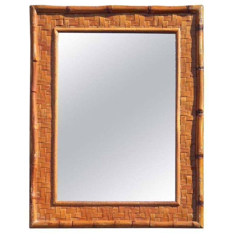 Old Bamboo Wall Mirror Italian Design Gabriella Crespi Style, 1960 Light Brown