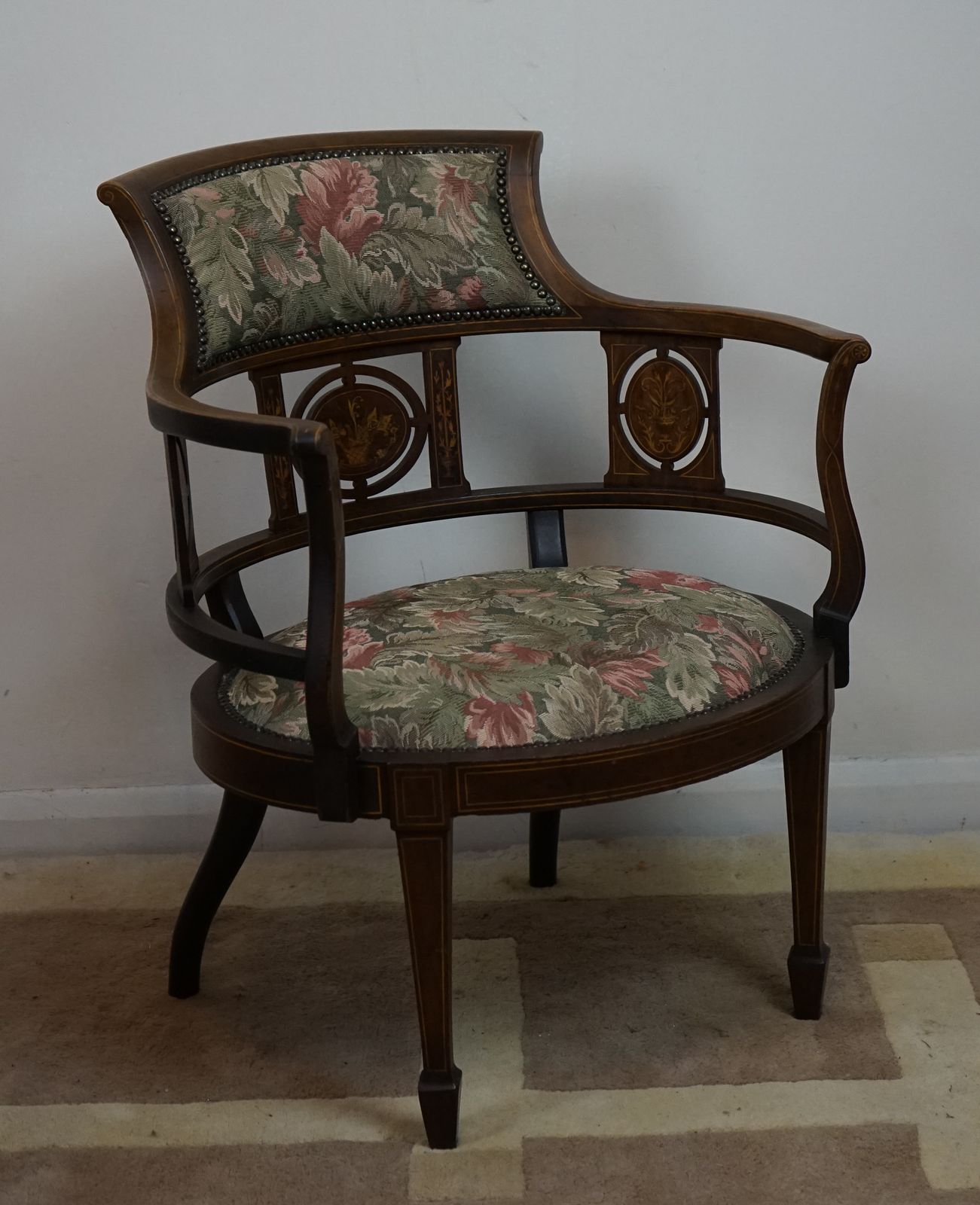Beautiful Edwardian Mahogany And Inlaid Tub Back Chair. photo furniture