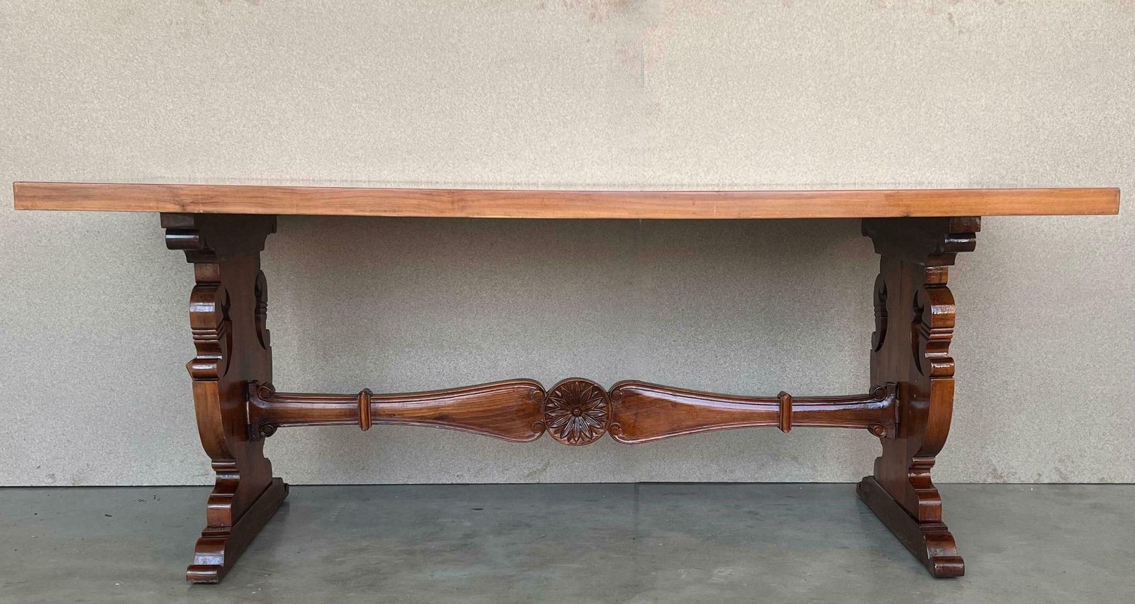 20th Century Spanish Baroque Carved Walnut Lyre Legs Trestle Dining Farm Table photo furniture
