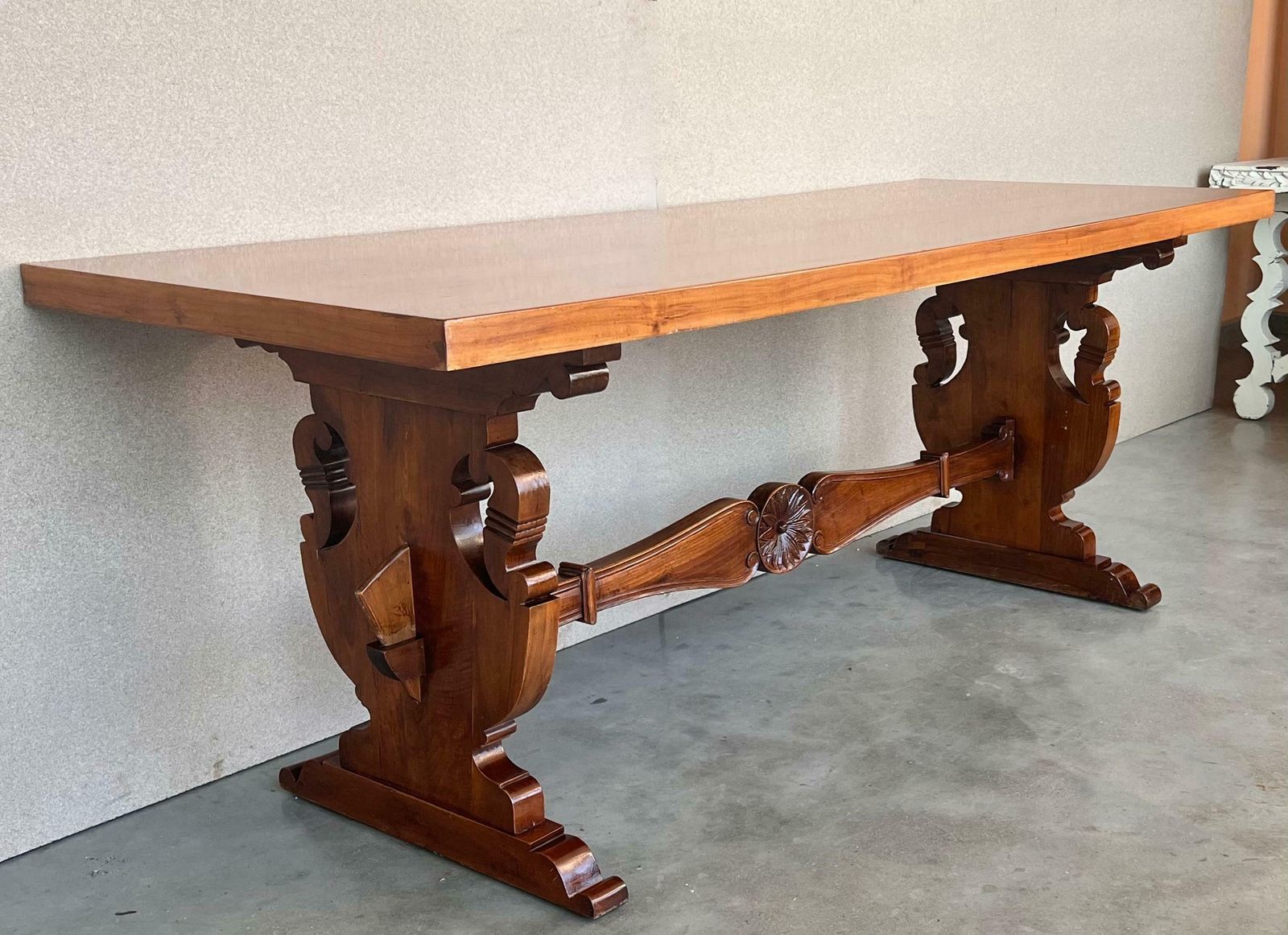 20th Century Spanish Baroque Carved Walnut Lyre Legs Trestle Dining Farm Table photo 6743.0