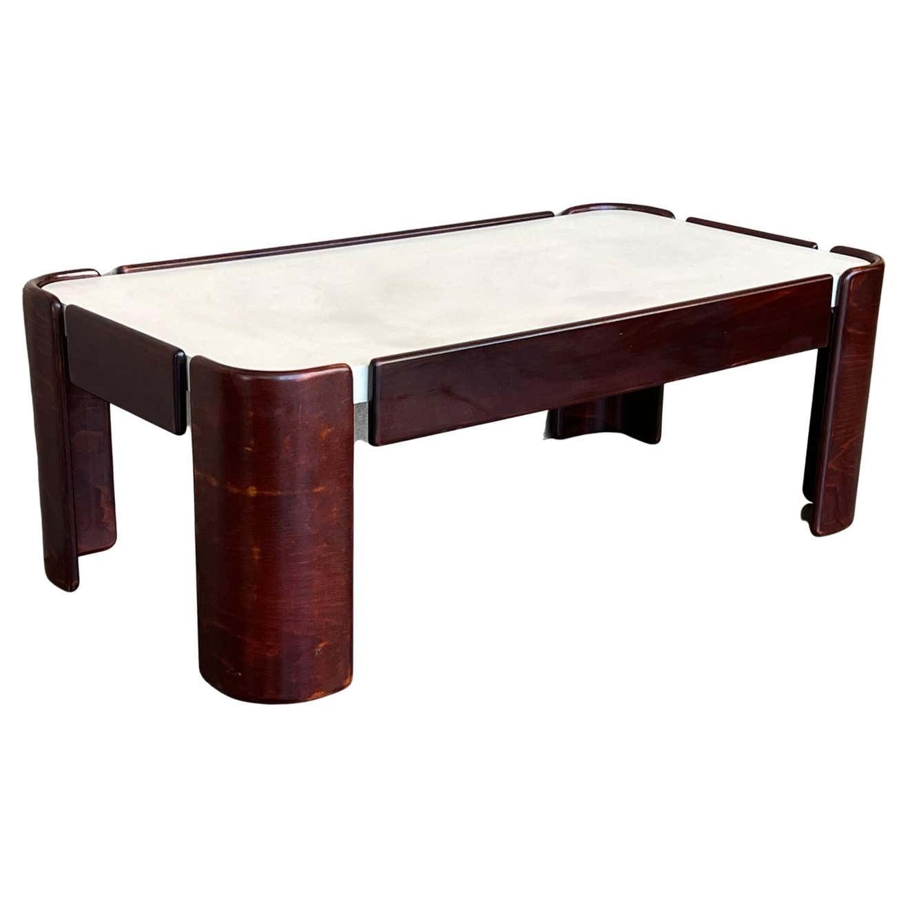 Table rectangulaire mid-century modern, pieds courbés et plateau blanc