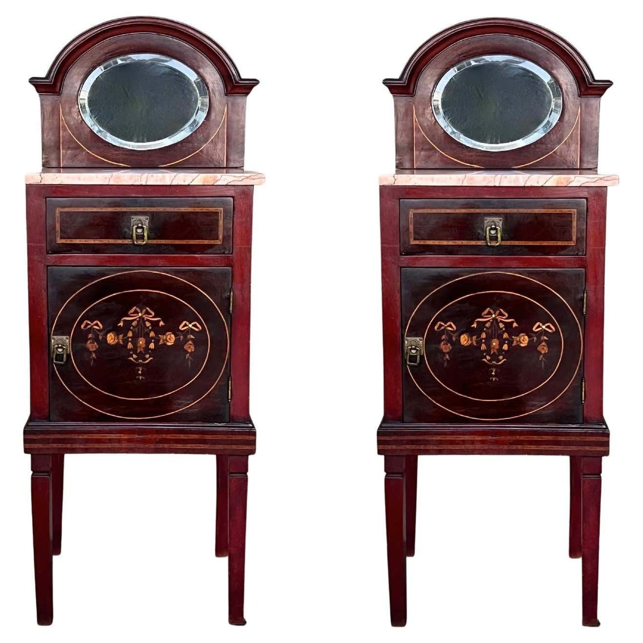 19th Louis XVI Style Marquetry Nightstands With Bronze Hardware And Mirror