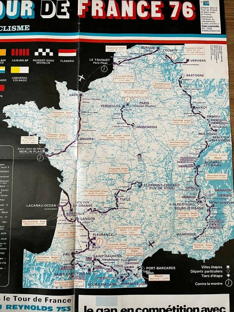 1976 Tour De France Map   Vintage Cycling Print   Eddy Merckx Era photo furniture