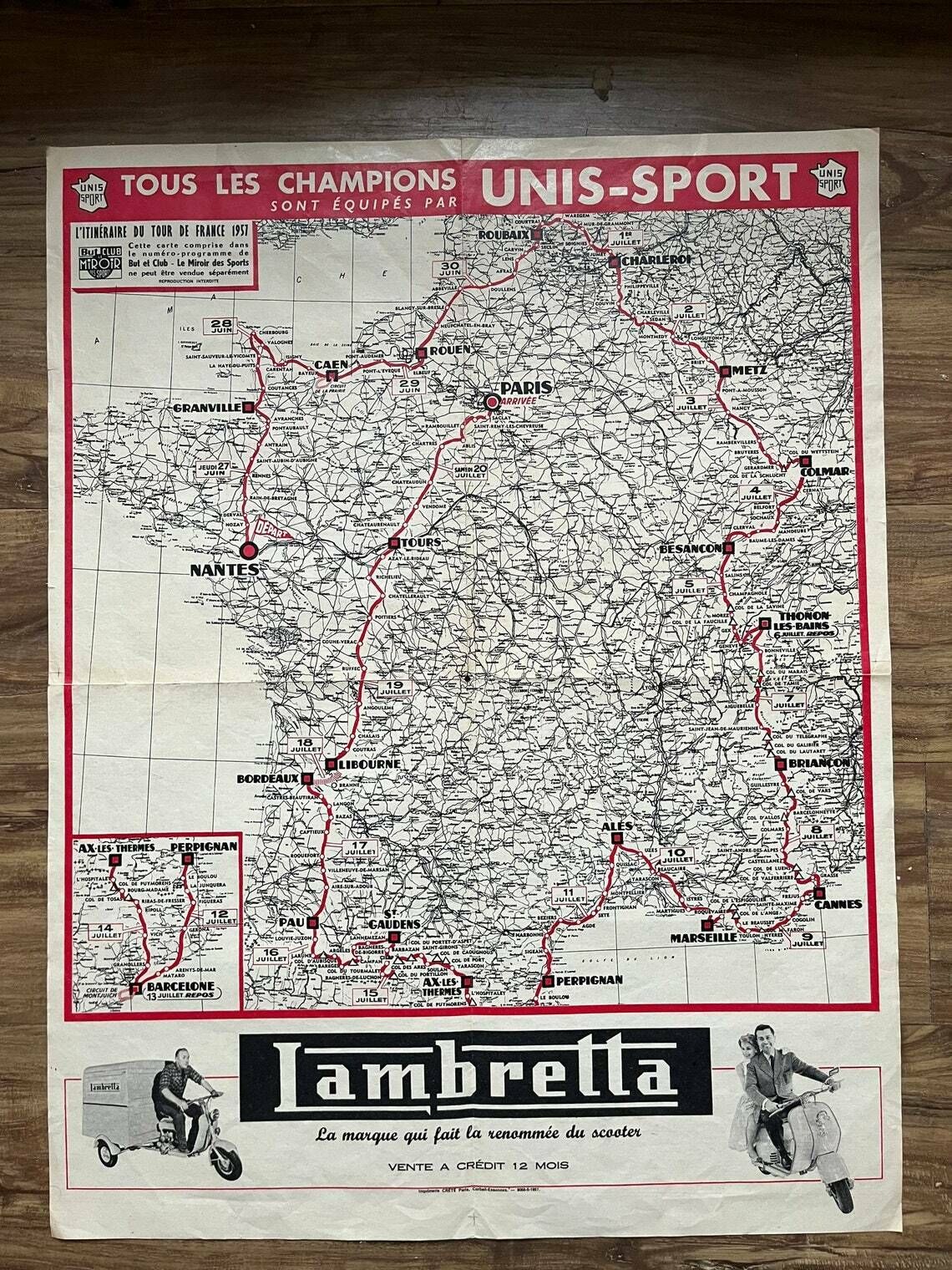 Tour De France / Lambretta Map Vintage 1957