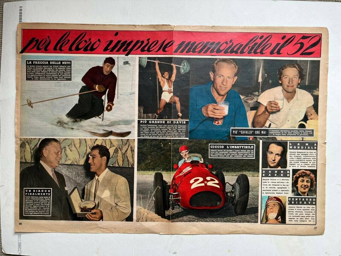Vintage Italian Sports Print Ferrari / Rocky Marciano / Ski 1952 photo vintage