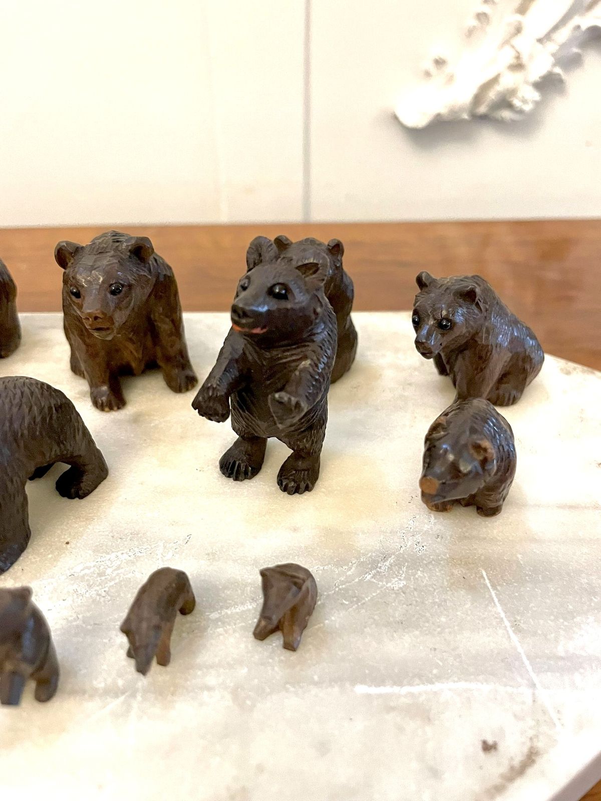 Antique Set Of Fifteen 19th Century Miniature Carved Oak Black Forest Bears photo for sale