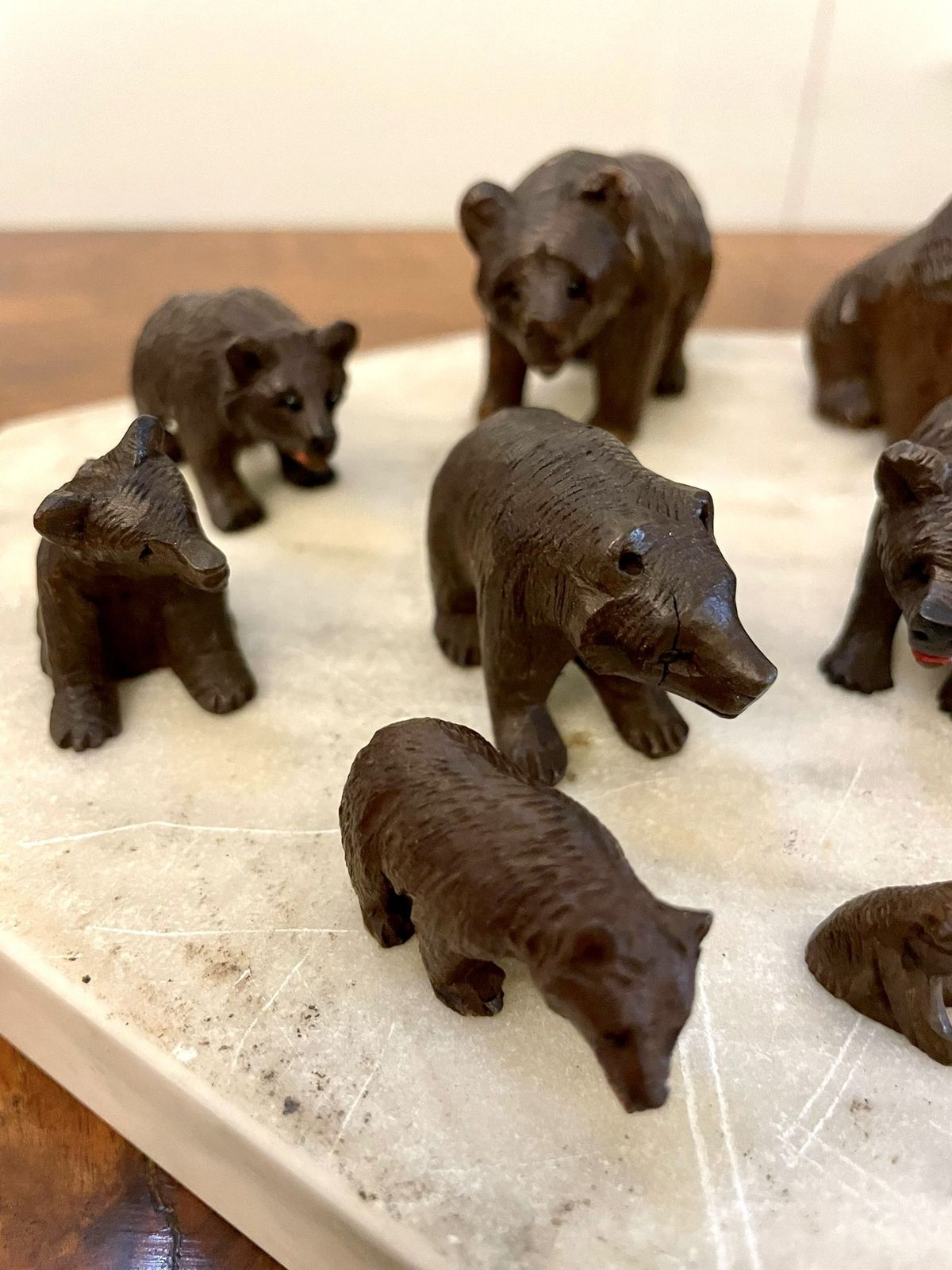 photo for sale Antique Set Of Fifteen 19th Century Miniature Carved Oak Black Forest Bears