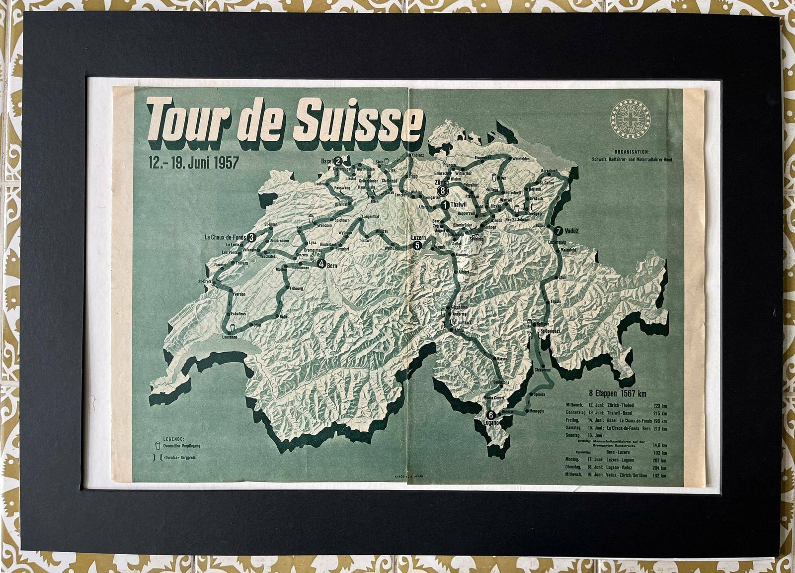 1957 Tour De Suisse Map   Original Vintage Cycling Print Tour Of Switzerland photo furniture