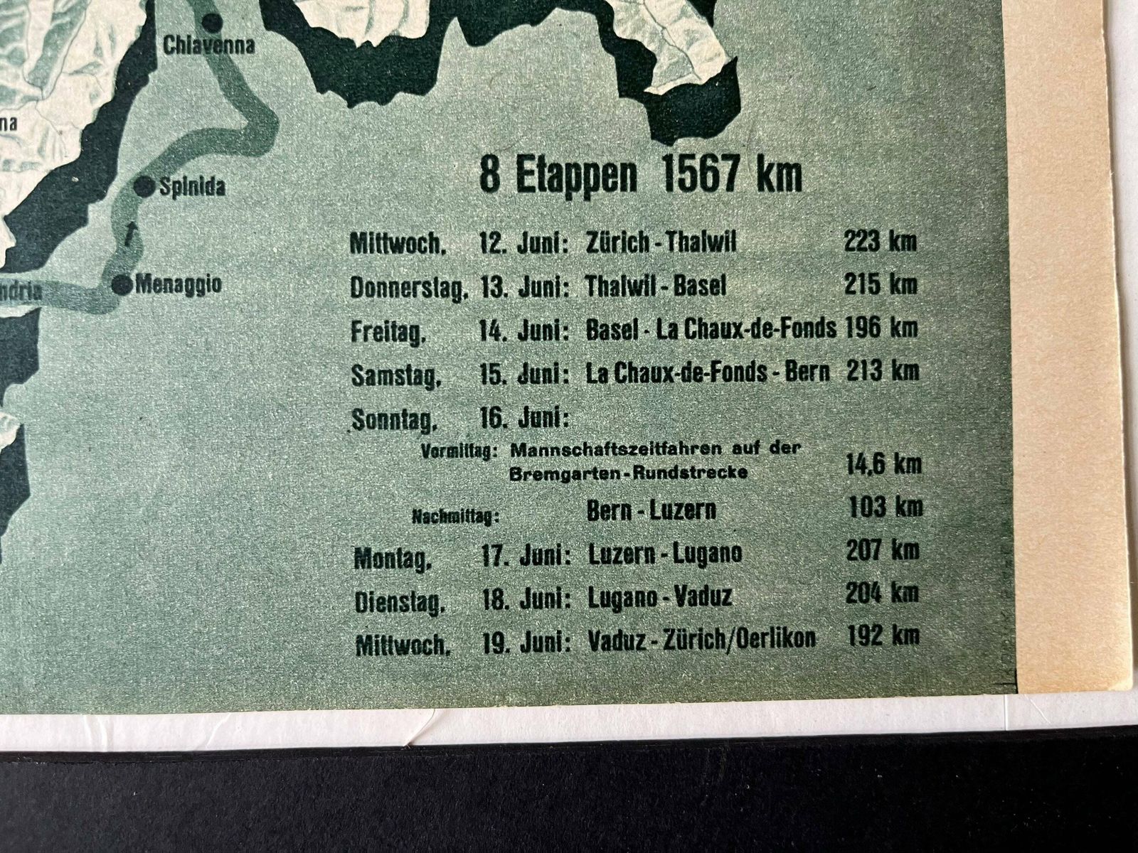 1957 Tour De Suisse Map   Original Vintage Cycling Print Tour Of Switzerland photo for sale