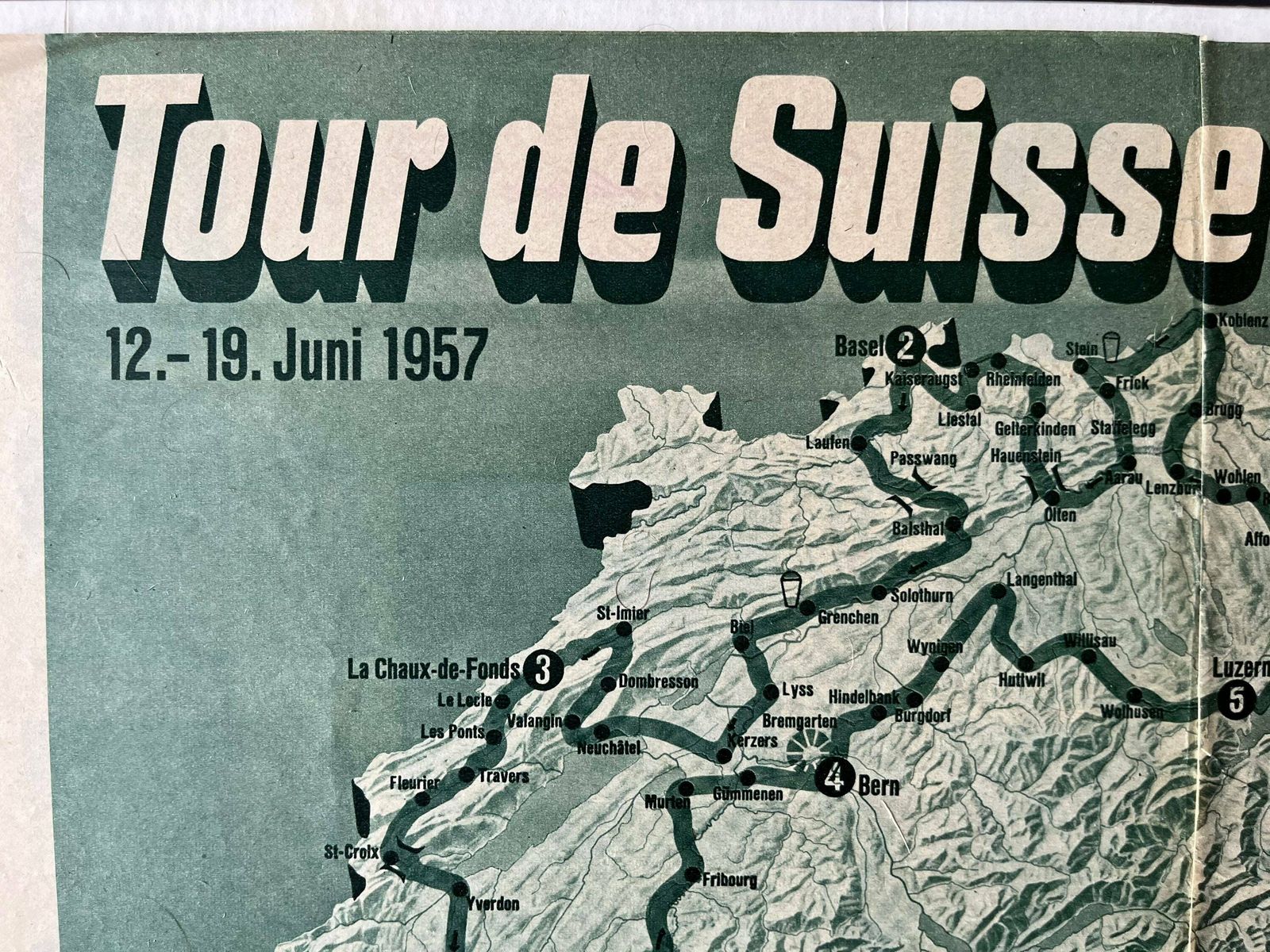 1957 Tour De Suisse Map   Original Vintage Cycling Print Tour Of Switzerland photo 86.0