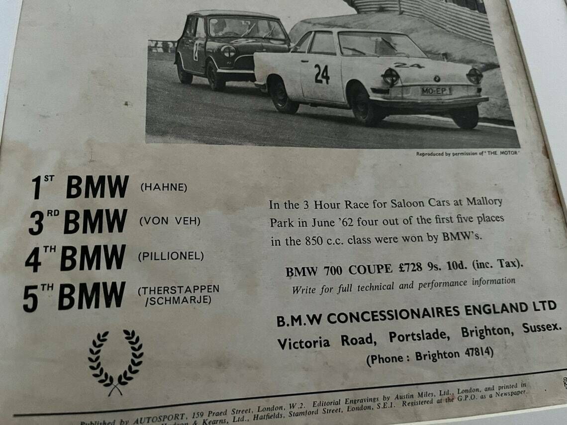 Auto Sport Bmw 700 Vintage Magazine Print 1963 photo Art