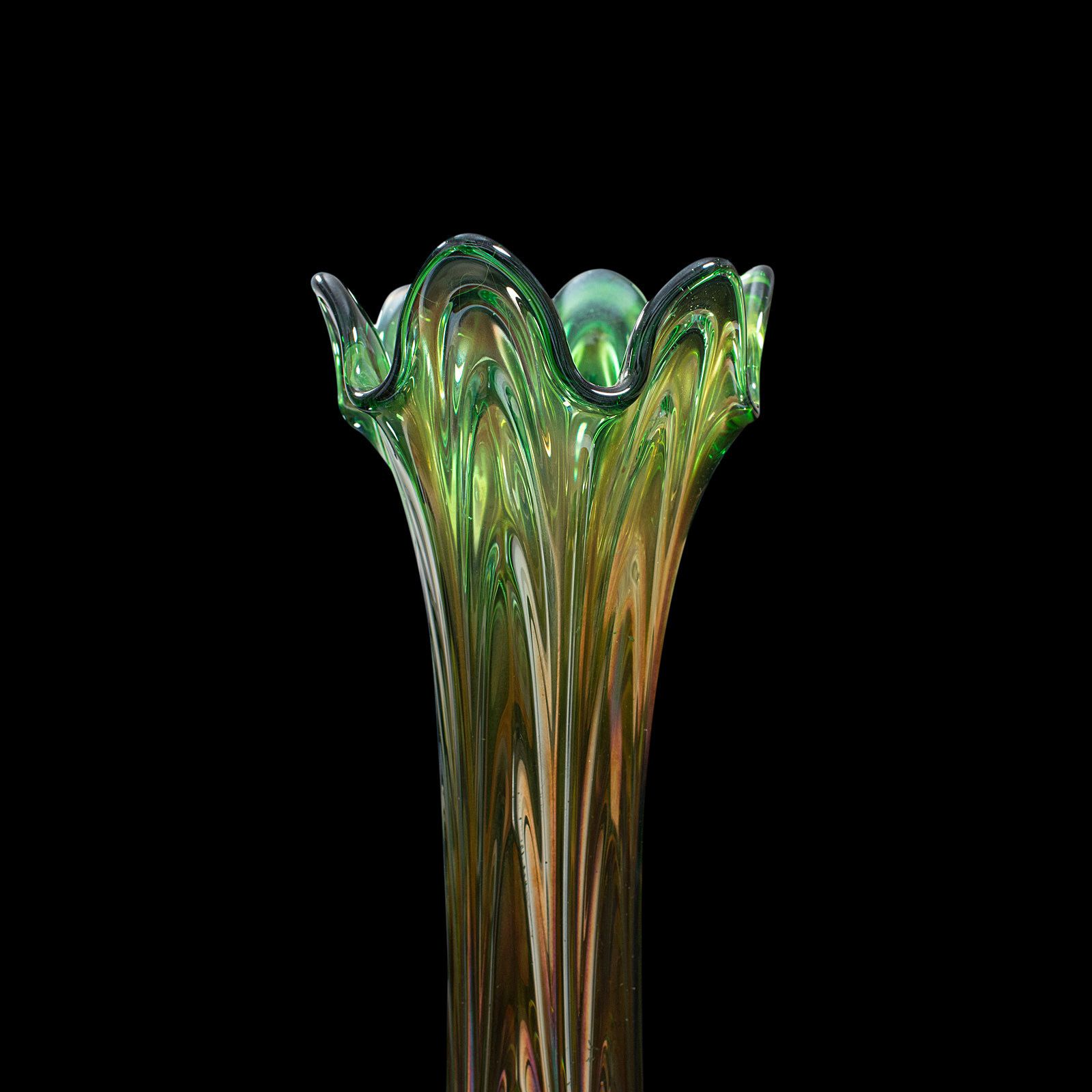 345.0 Vintage Flower Vase, English, Carnival Glass, Fluted, Early 20th Century, 1930 photo
